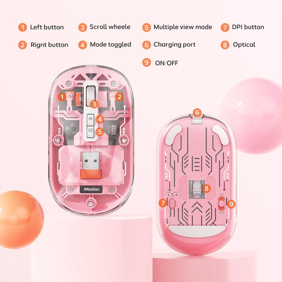 Meetion MT-BTM005 Ασύρματο Ποντίκι Ροζ Meetion MT-BTM005 Ασύρματο Ποντίκι Ροζ - Image 2