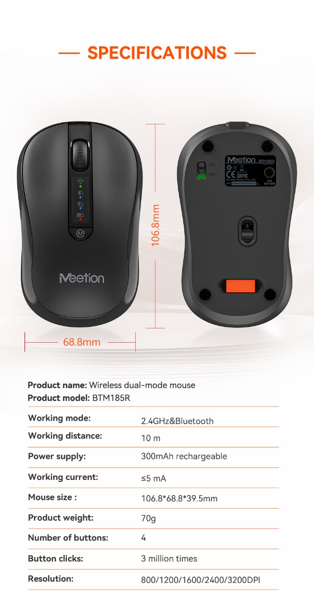 Meetion Ασύρματο Ποντίκι Office MT-BTM185R με Bluetooth & 2.4G Επαναφορτιζόμενο Meetion Ασύρματο Ποντίκι Office MT-BTM185R με Bluetooth & 2.4G Επαναφορτιζόμενο - Image 8