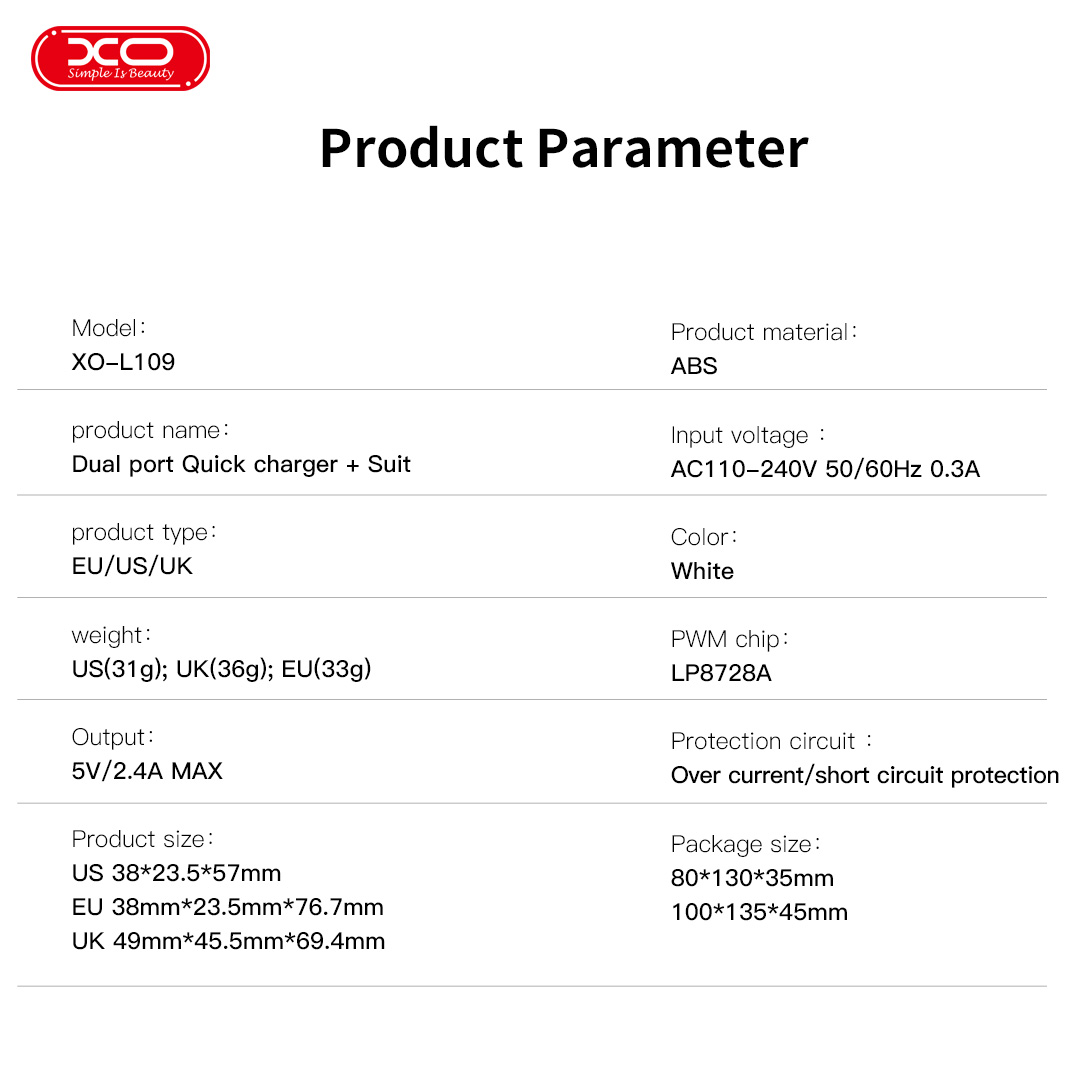 XO L109 (UK) Dual USB-A 2.4A Charger XO L109 (UK) Dual USB-A 2.4A Charger - Image 3