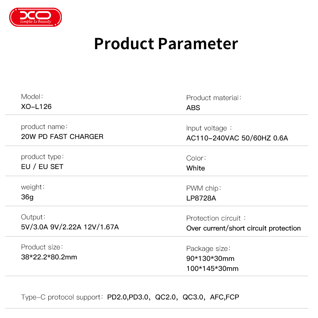 XO L126 USB-C PD20W Fast Charging Charger XO L126 USB-C PD20W Fast Charging Charger - Image 2