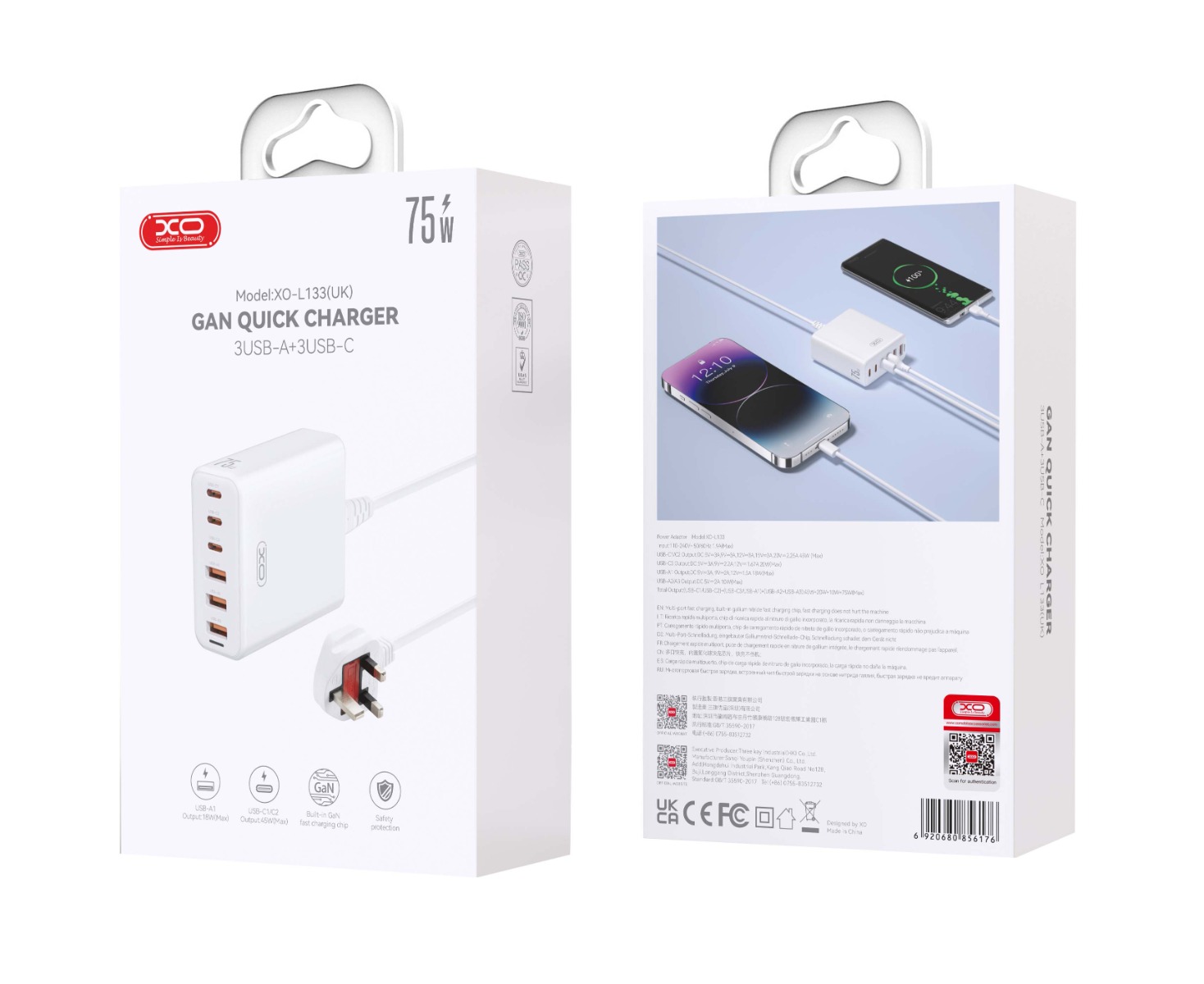 XO L133(EU) 75W GaN 3A+3C Desktop Fast Charger with 1.5M Power Cord XO L133(EU) 75W GaN 3A+3C Desktop Fast Charger with 1.5M Power Cord - Image 2