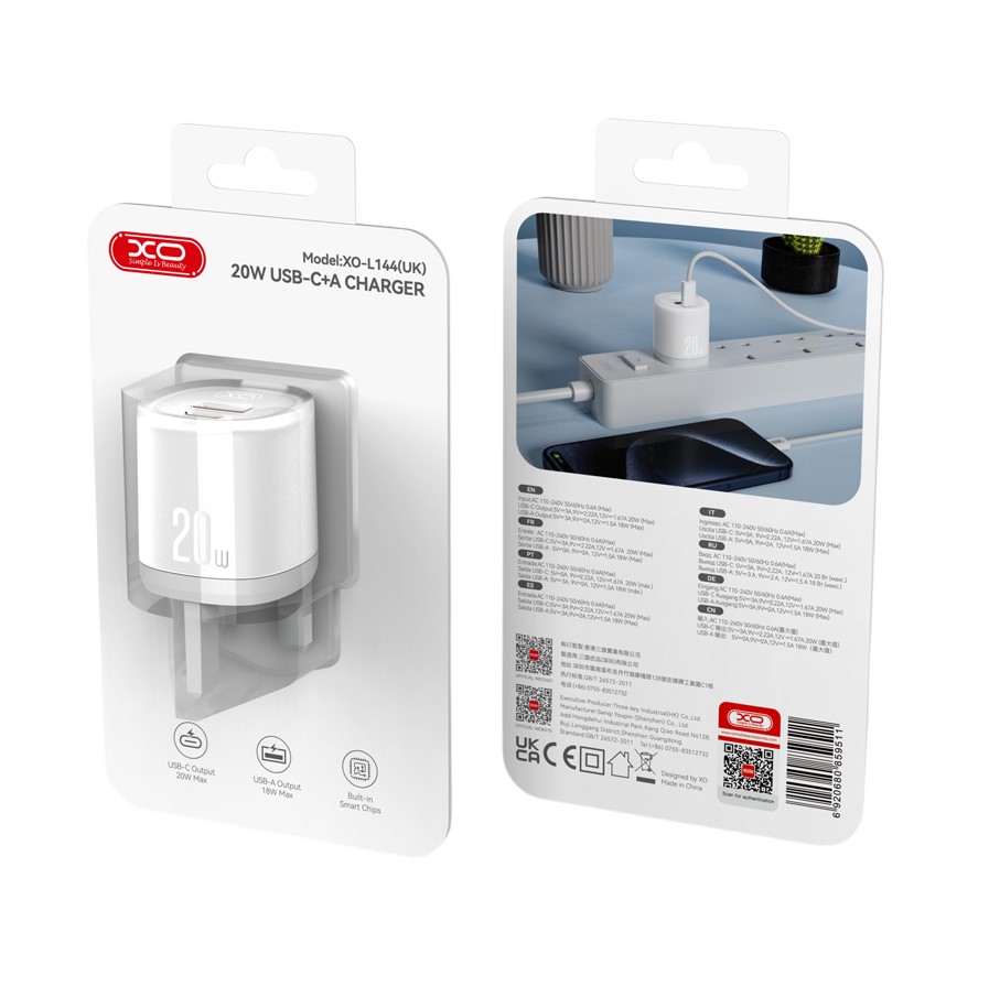 XO L144(UK) PD20W 1USB-A+1USB-C Γρήγορος Φορτιστής Λευκό XO L144(UK) PD20W 1USB-A+1USB-C Γρήγορος Φορτιστής Λευκό - Image 3