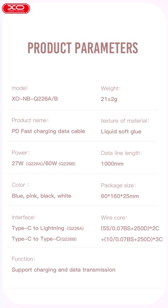 XO NB-Q226B Καλώδιο Φόρτισης - Data 60W Type-C σε Type-C 1m Ροζ XO NB-Q226B Καλώδιο Φόρτισης - Data 60W Type-C σε Type-C 1m Ροζ - Image 2