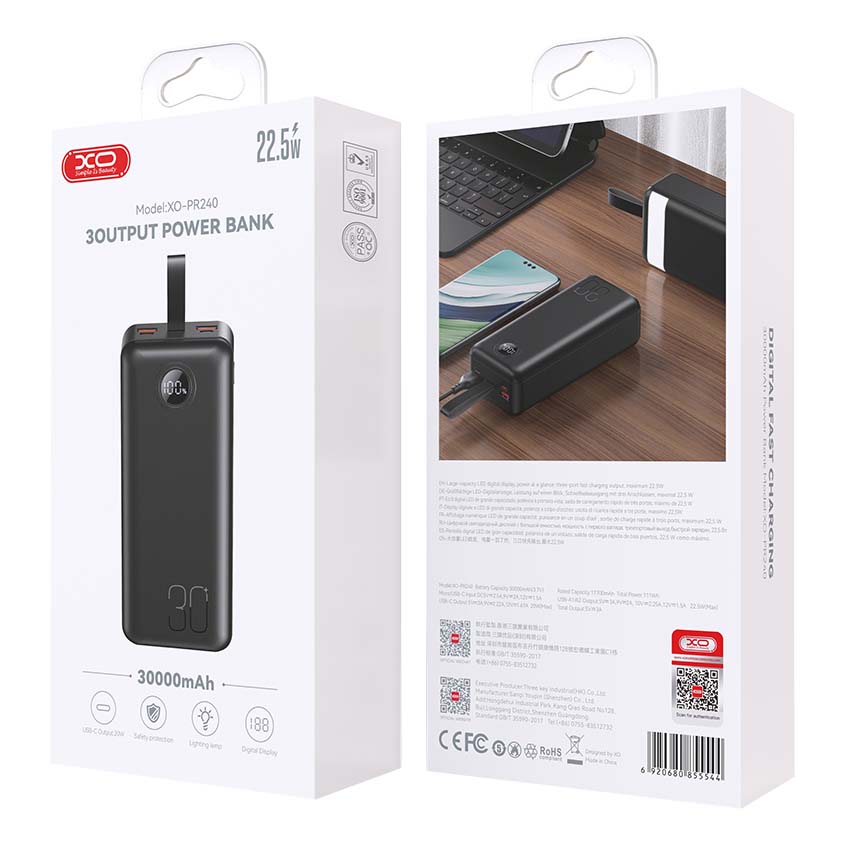XO PR240 Power Bank Γρήγορης Φόρτισης USB-C 20W/USB-A 22.5W με οθόνη 30000mAh XO PR240 Power Bank Γρήγορης Φόρτισης USB-C 20W/USB-A 22.5W με οθόνη 30000mAh - Image 4