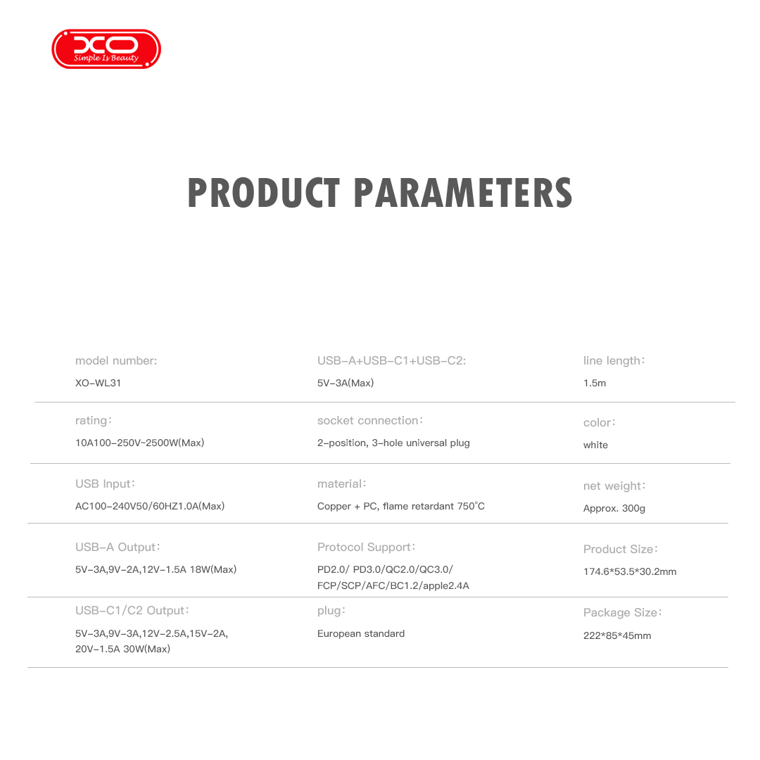 XO WL31 (EU) 30W 2AC + 1USB-A + 2USB-C με Διακόπτη XO WL31 (EU) 30W 2AC + 1USB-A + 2USB-C με Διακόπτη - Image 5