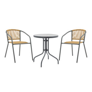 Tραπεζαρία Watson-Lindaria pakoworld σετ 3τεμ μέταλλο ανθρακί-γυαλί- pe rattan σε φυσική απόχρωση Φ60x70εκ