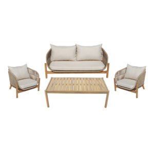 Σαλόνι εξωτερικού χώρου Lemanda pakoworld μασίφ ξύλο ακακίας με σχοινί και μπεζ μαξιλάρια