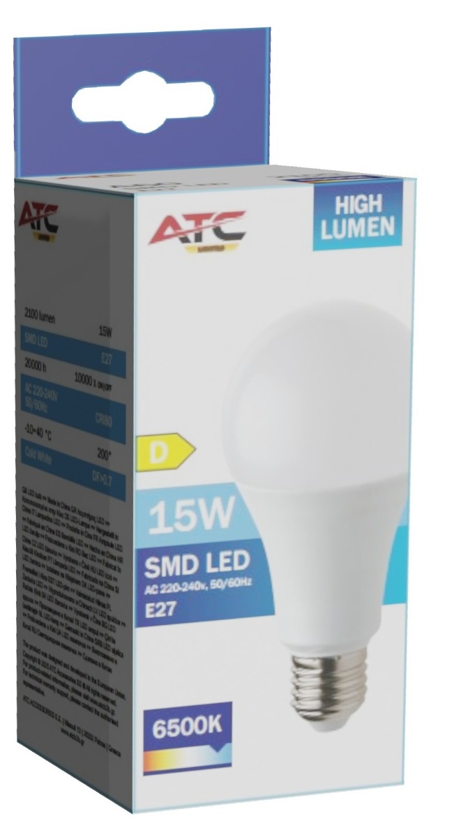 ATC SMD LED High Lumen Λαμπτήρας A60 230V 15W/2100LM E27 6500K ATC SMD LED High Lumen Λαμπτήρας A60 230V 15W/2100LM E27 6500K